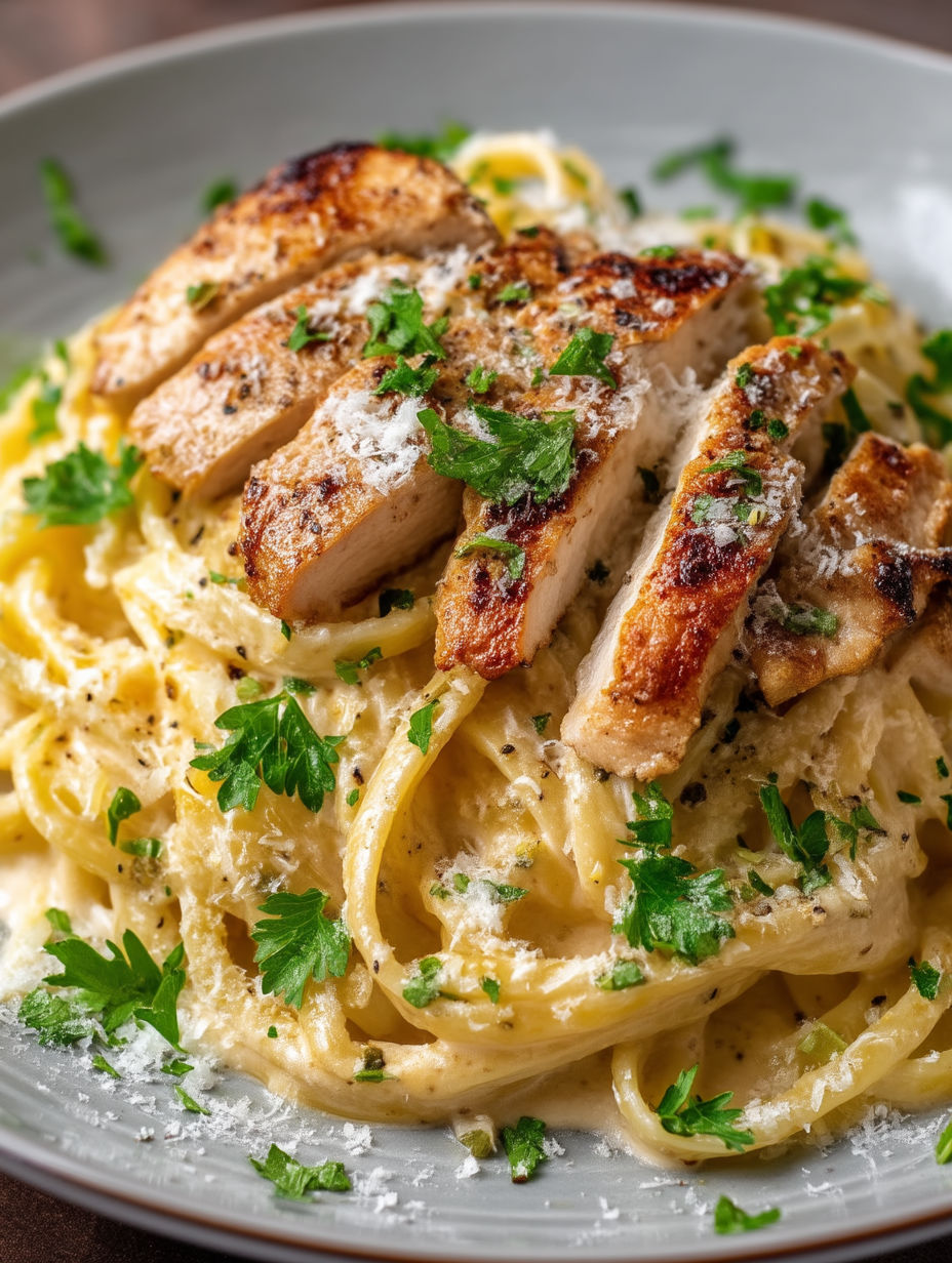 A plate of pasta with chicken and garlic butter.