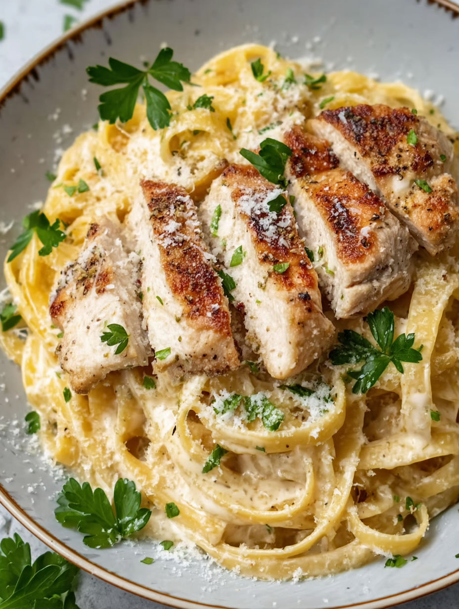 A plate of chicken and pasta with garlic butter.
