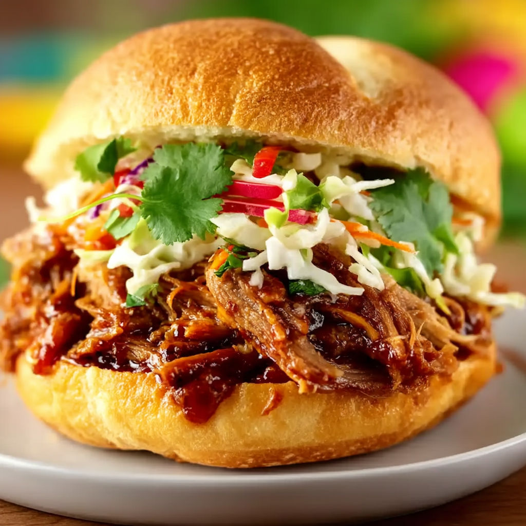 A sandwich with pulled pork on a bun.