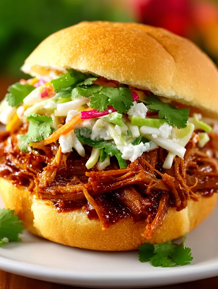 A sandwich with pulled pork and coleslaw on a bun.