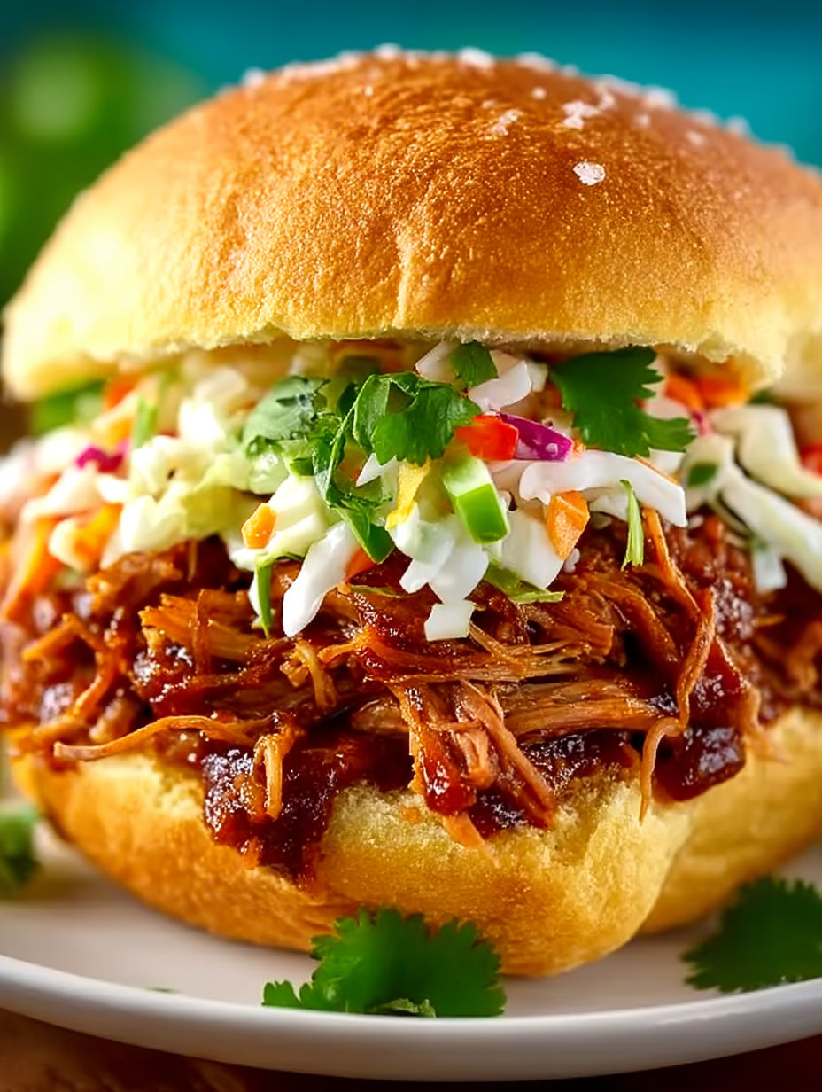 A sandwich with pulled pork and coleslaw on a bun.