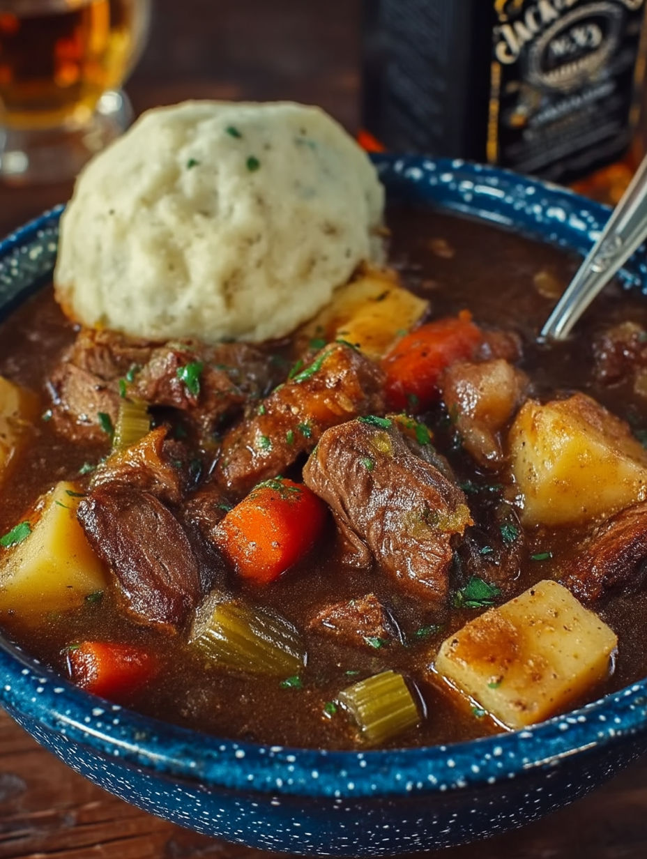 A bowl of soup with meat and vegetables.