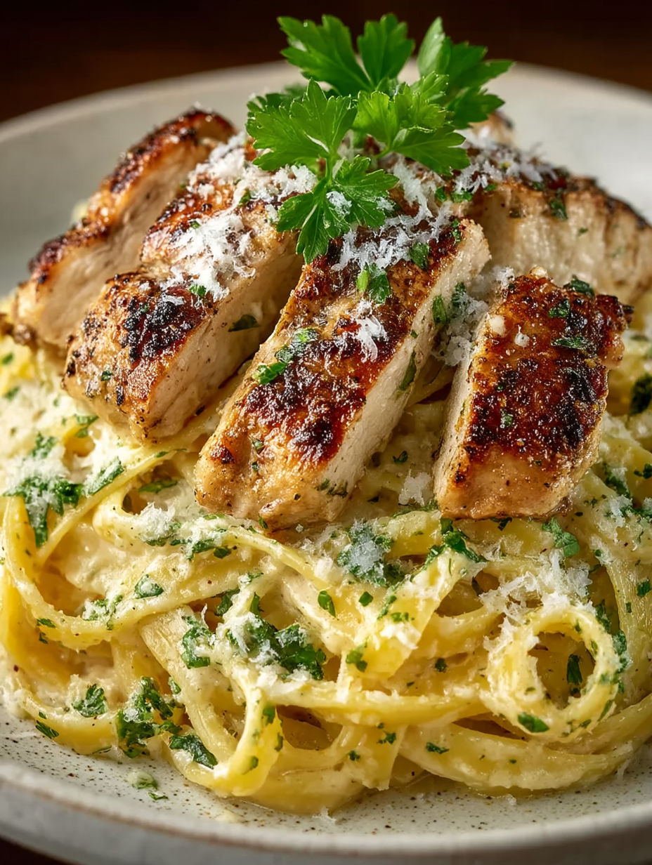 A plate of food with chicken and pasta.