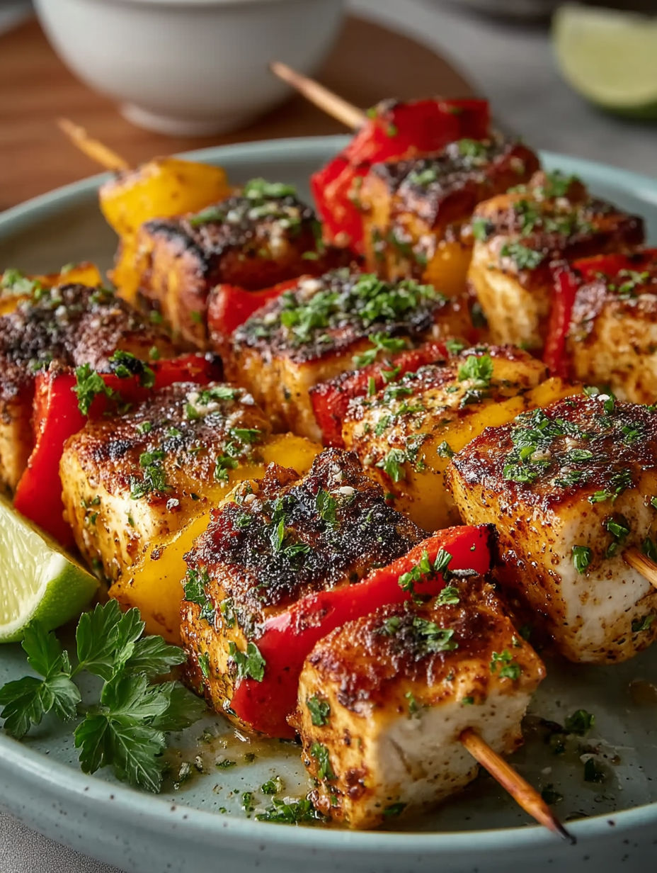 A plate of garlic parmesan chicken skewers.