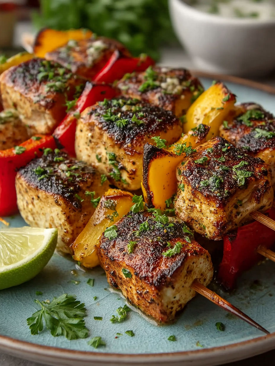 A plate of chicken skewers with garlic and Parmesan.