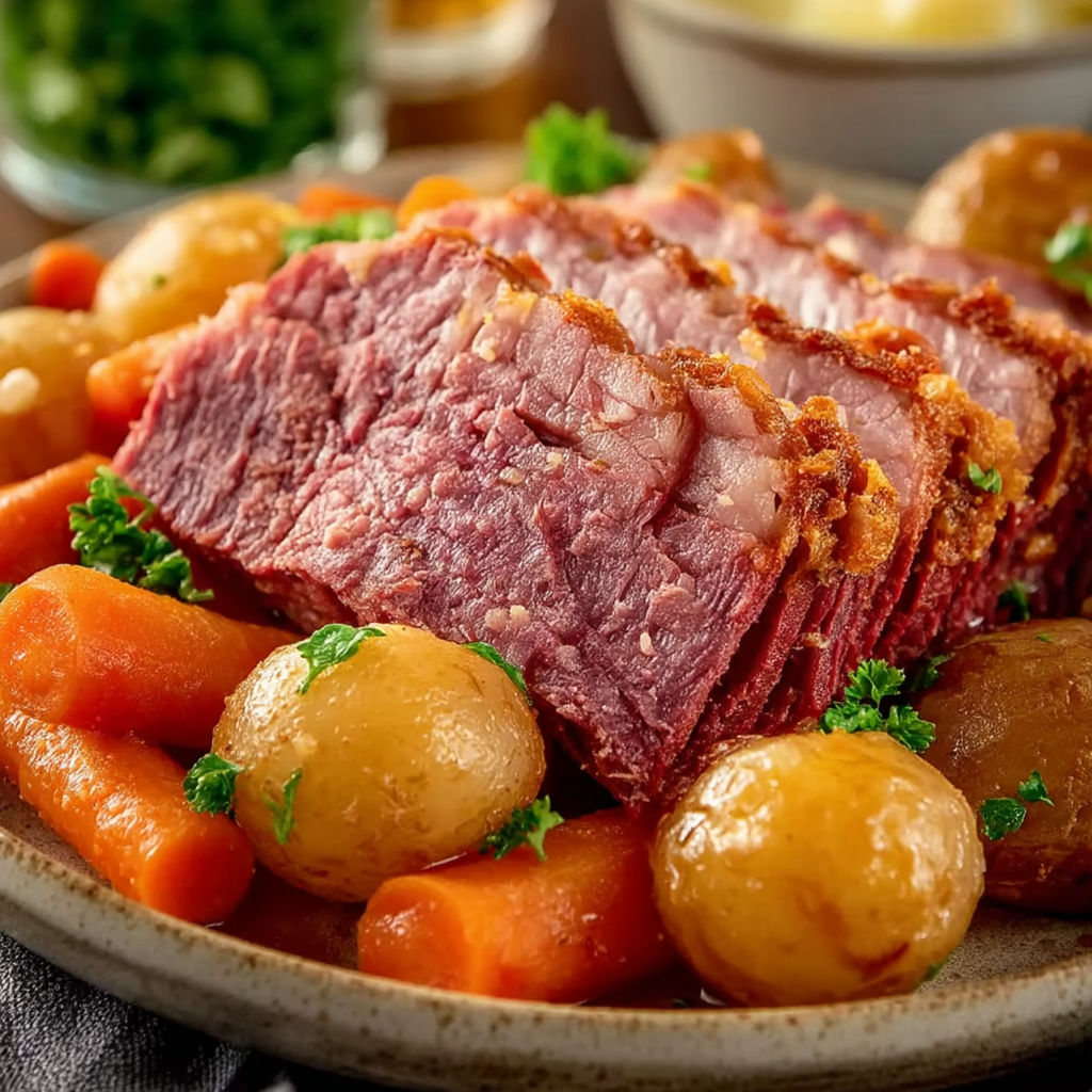 A plate of corned beef and potatoes.