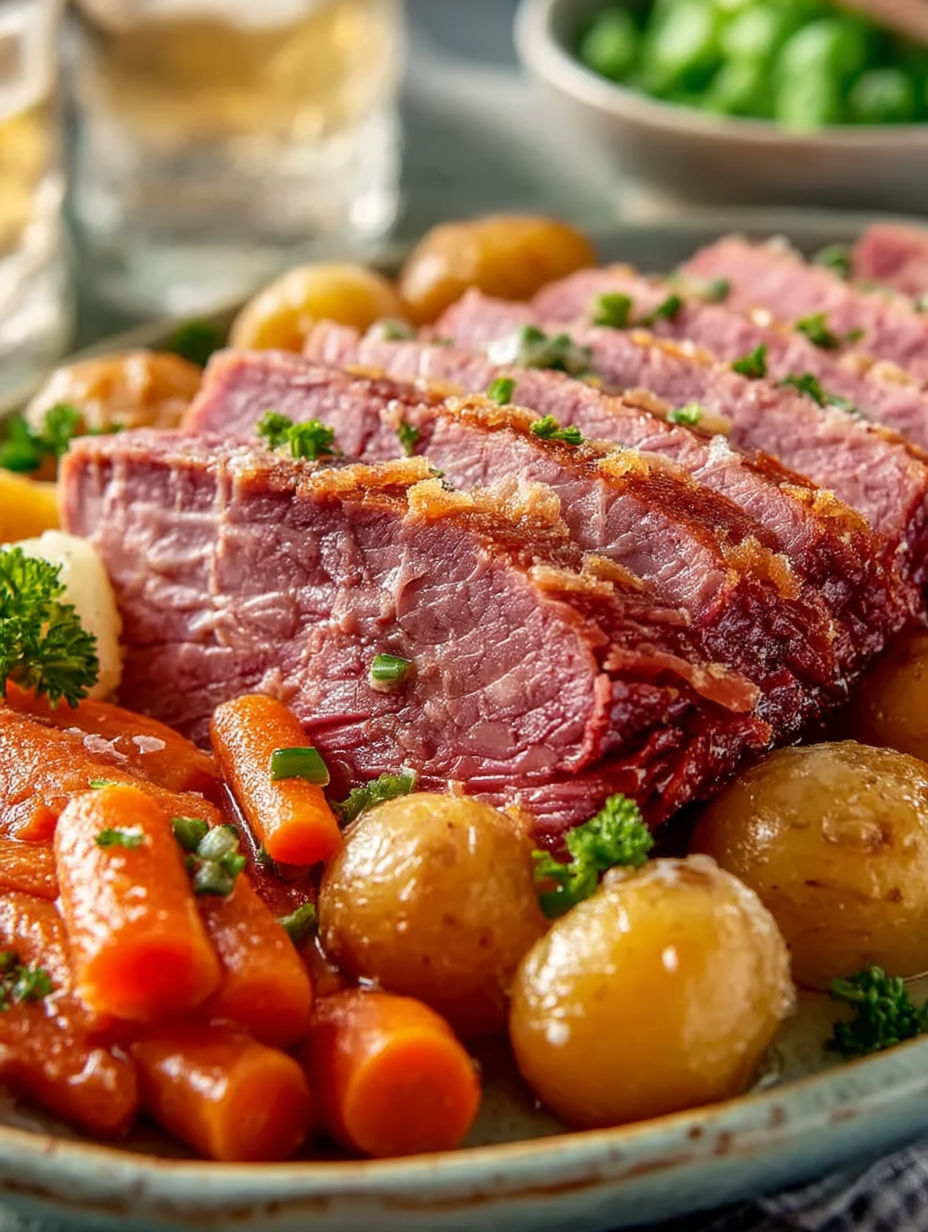 A close up of corned beef with potatoes and carrots.