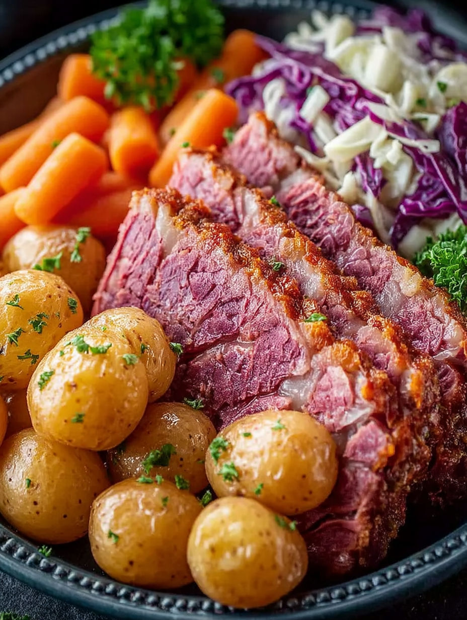 A close up of a corned beef sandwich with potatoes and carrots.