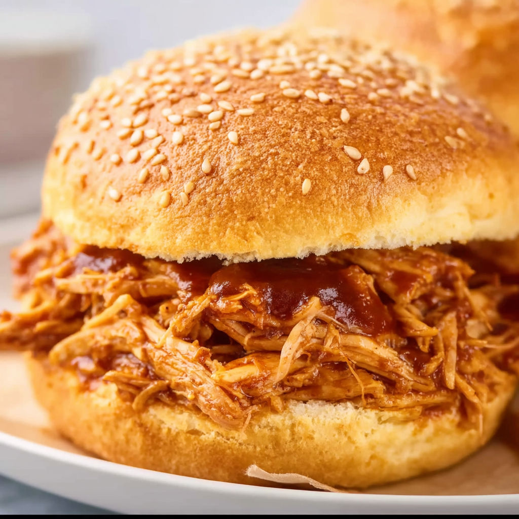 A BBQ chicken sandwich with a bun and sauce.