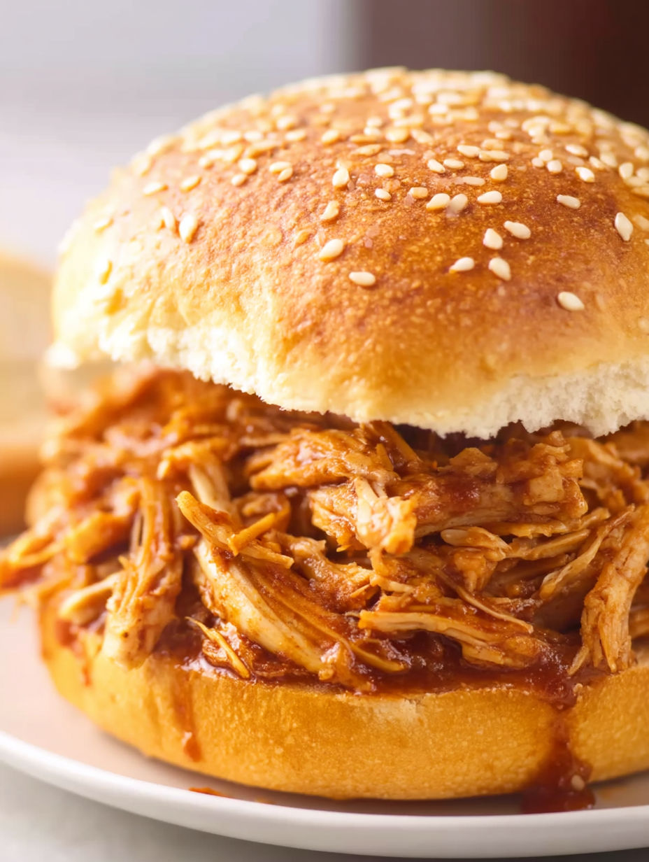 A BBQ chicken sandwich with a bun and sauce.