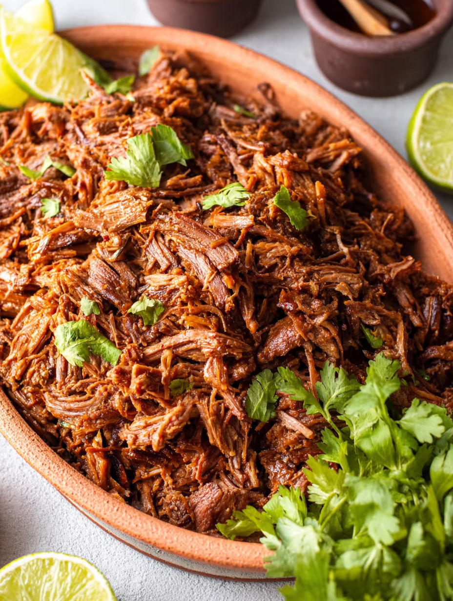 A bowl of beef with lime wedges on the side.