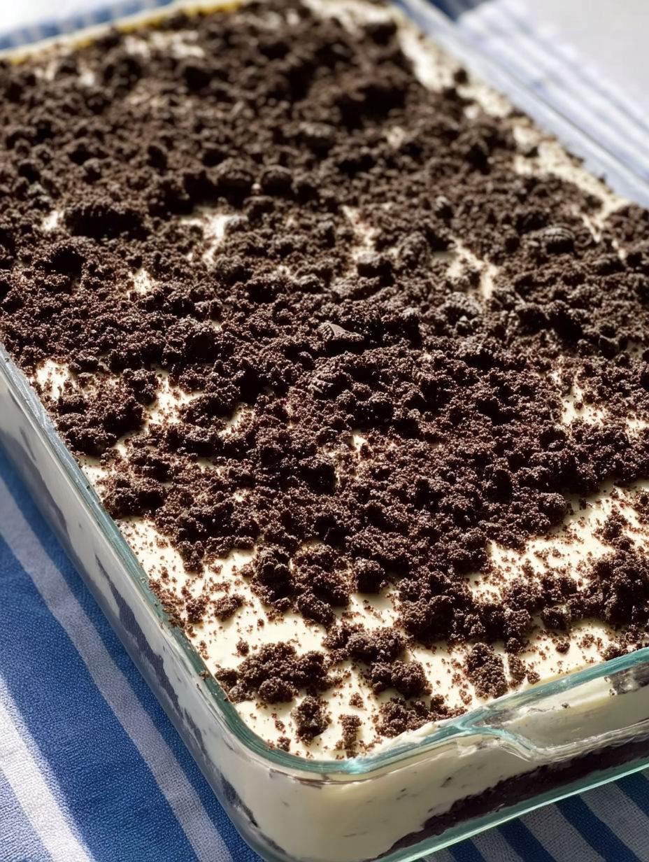 A close up of a delicious Oreo Dirt Cake.