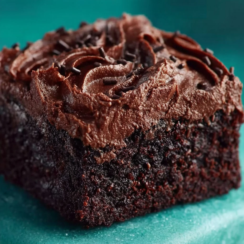 A chocolate square on a green plate.
