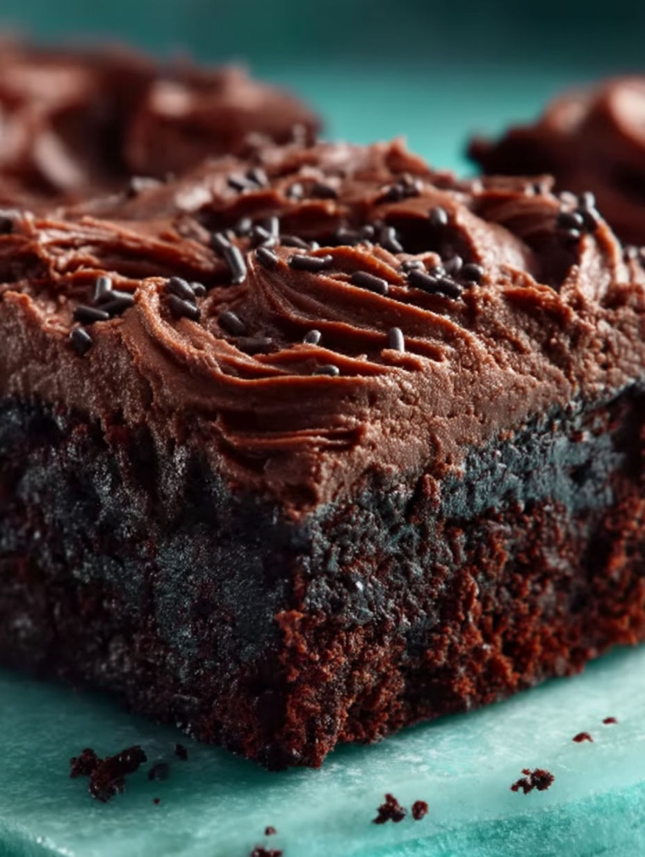 A chocolate dessert with chocolate chips.