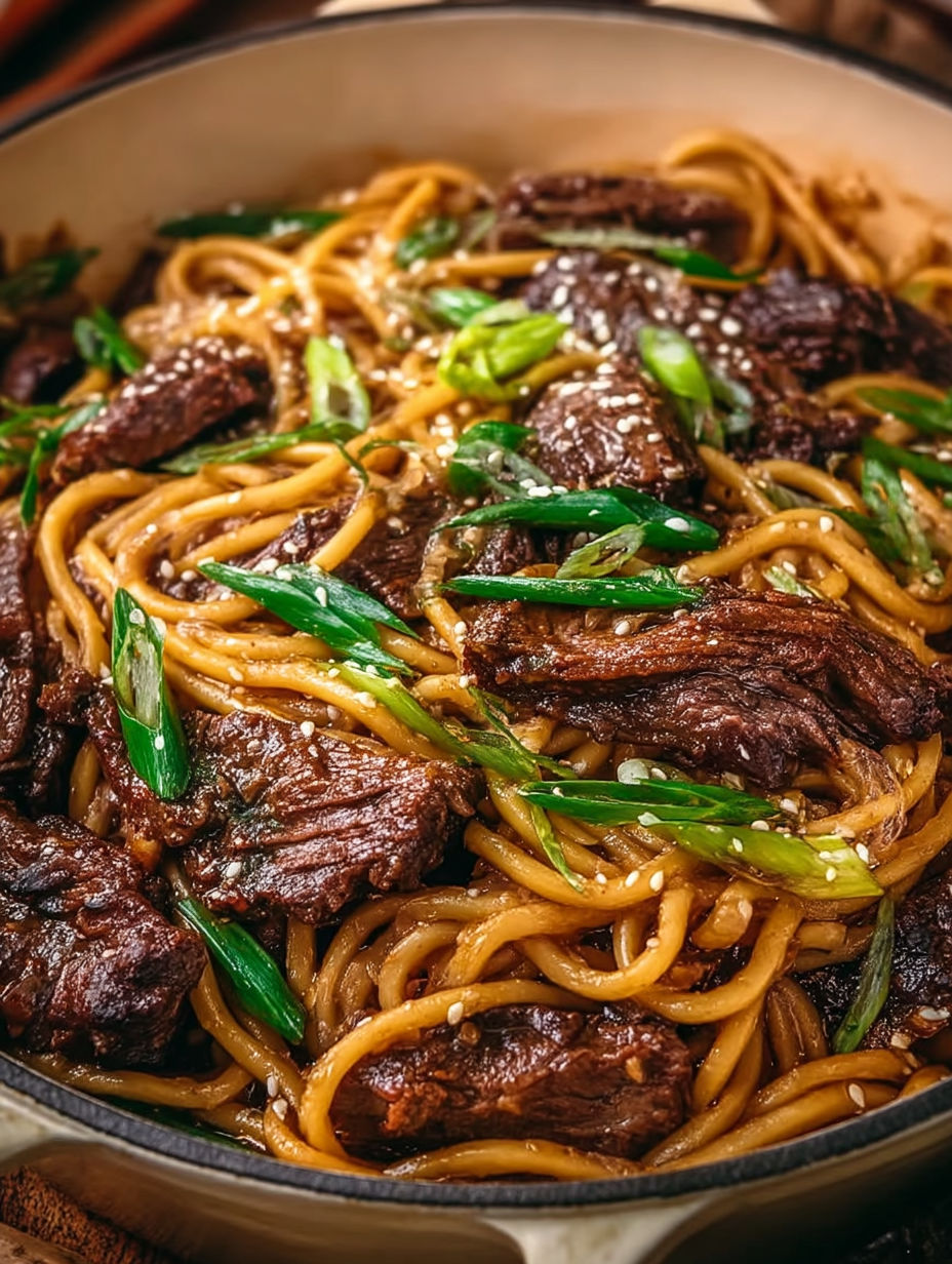 A bowl of Mongolian beef noodles.