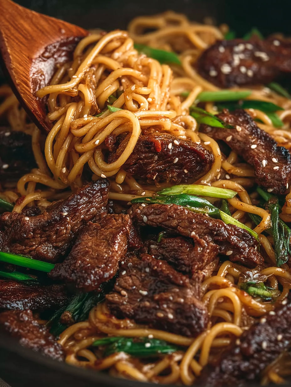 A plate of Mongolian beef noodles.