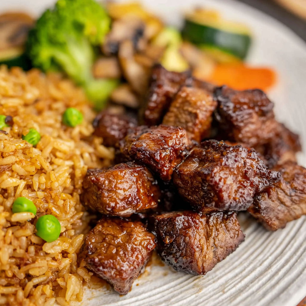 A plate of food with rice, meat, and vegetables.