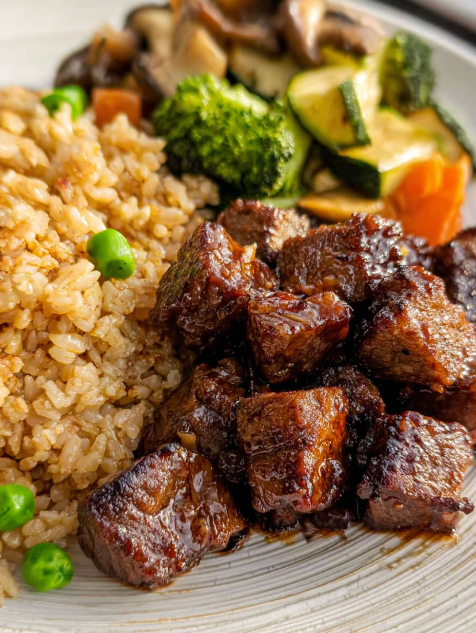 A plate of food with rice, meat, and vegetables.