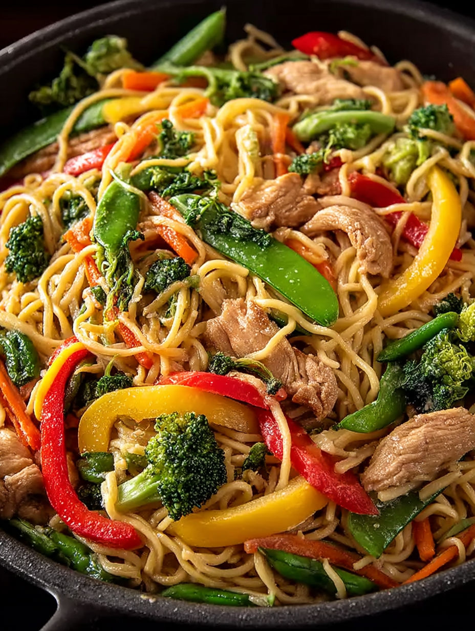 A bowl of noodles with vegetables and meat.