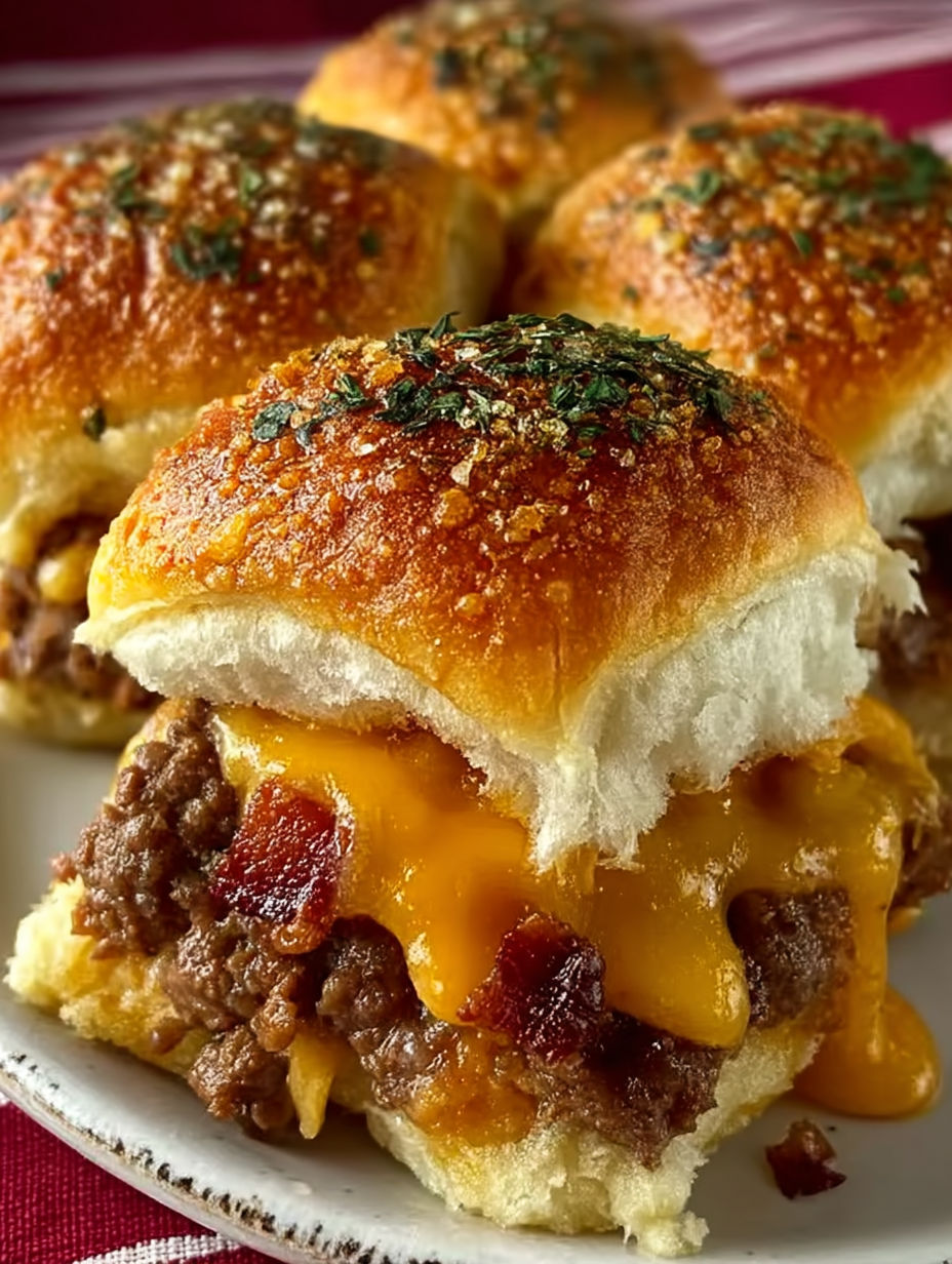 Bacon cheeseburger sliders on a plate.
