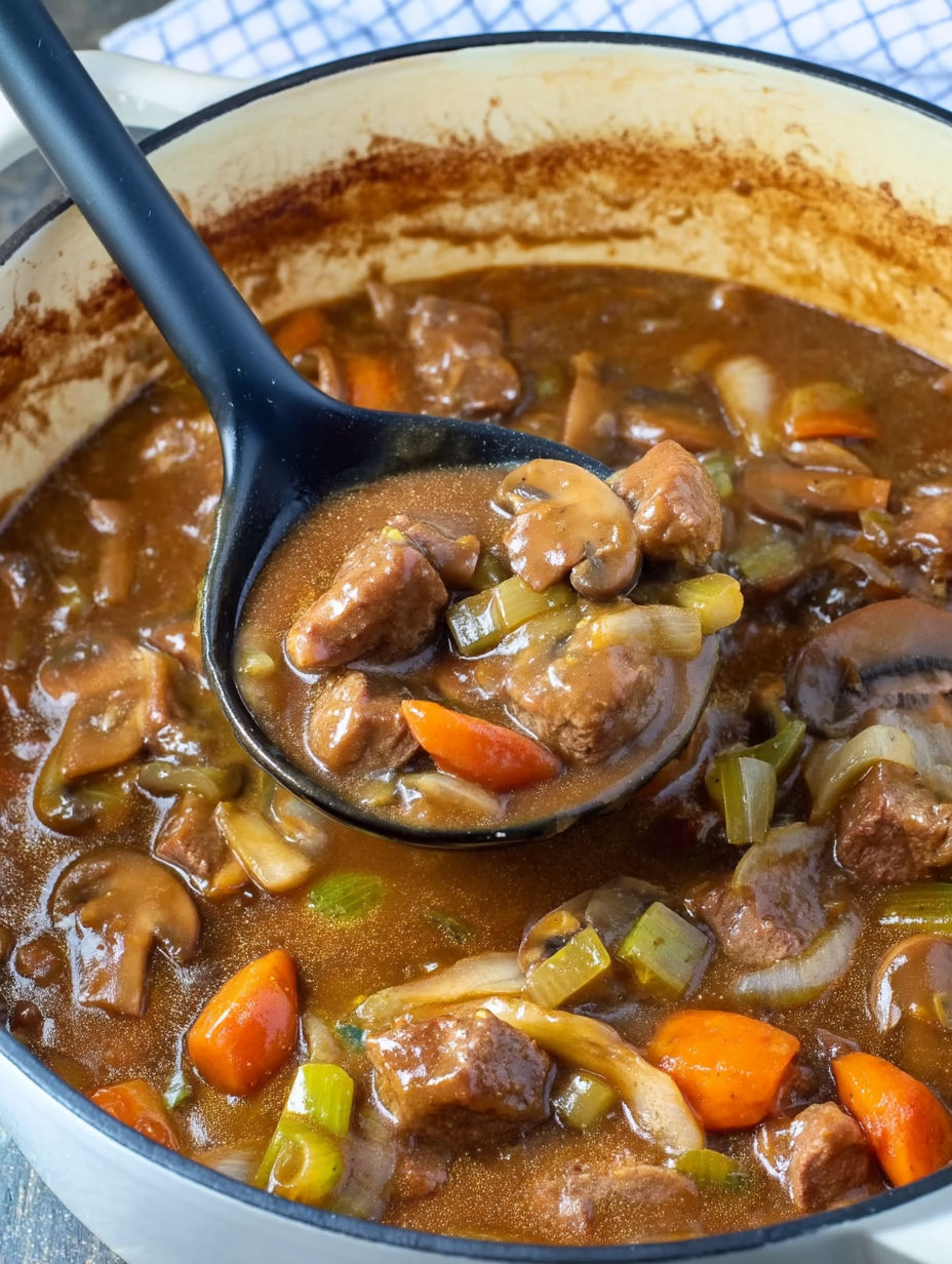 A black spoon in a beef and vegetable stew.
