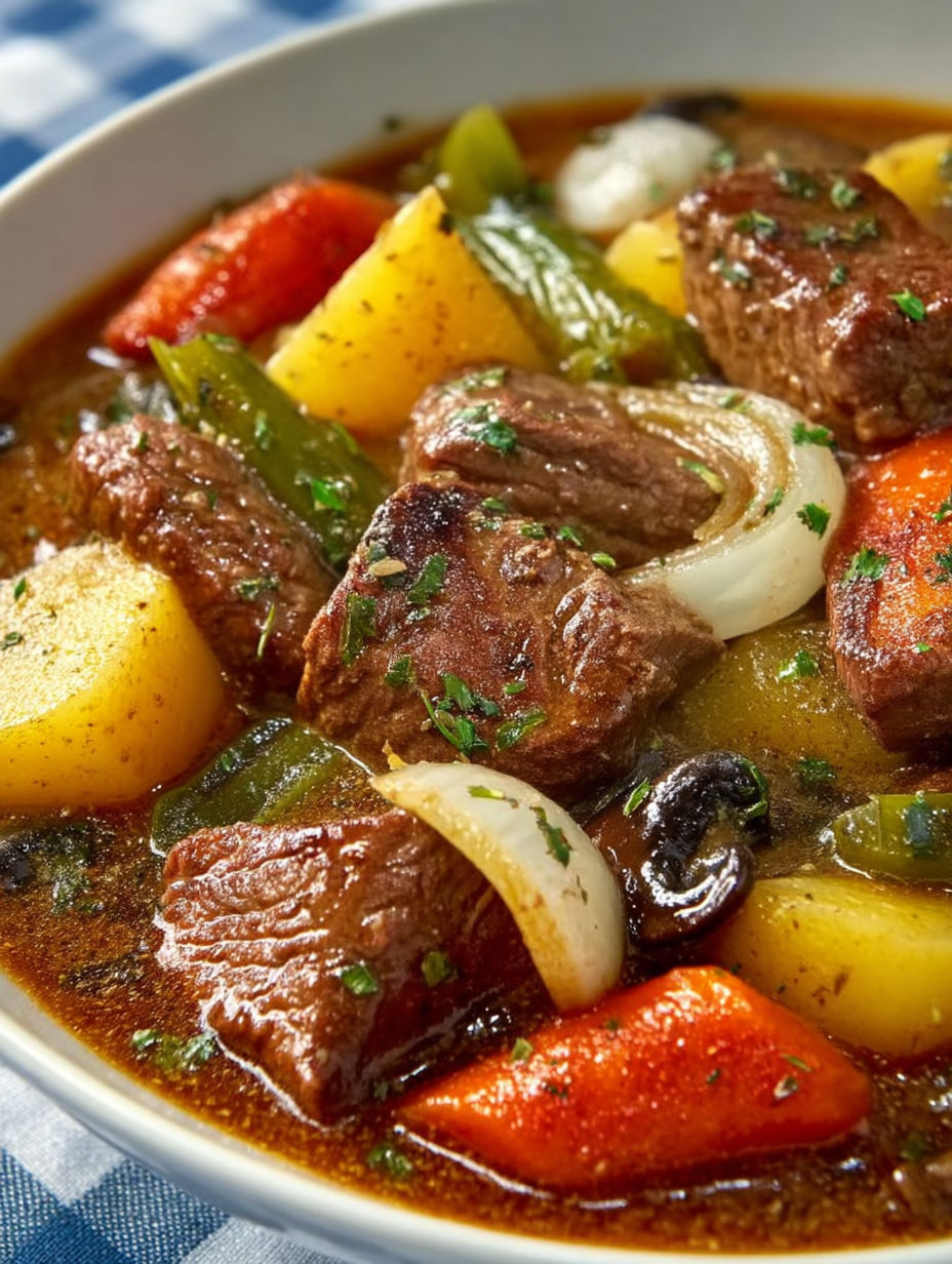 A bowl of beef and vegetable stew.