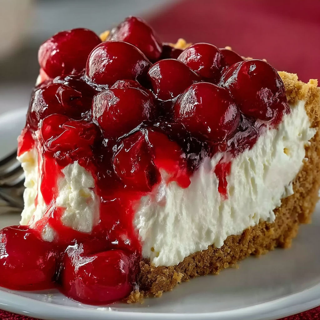 A slice of cherry cheesecake with a fork.