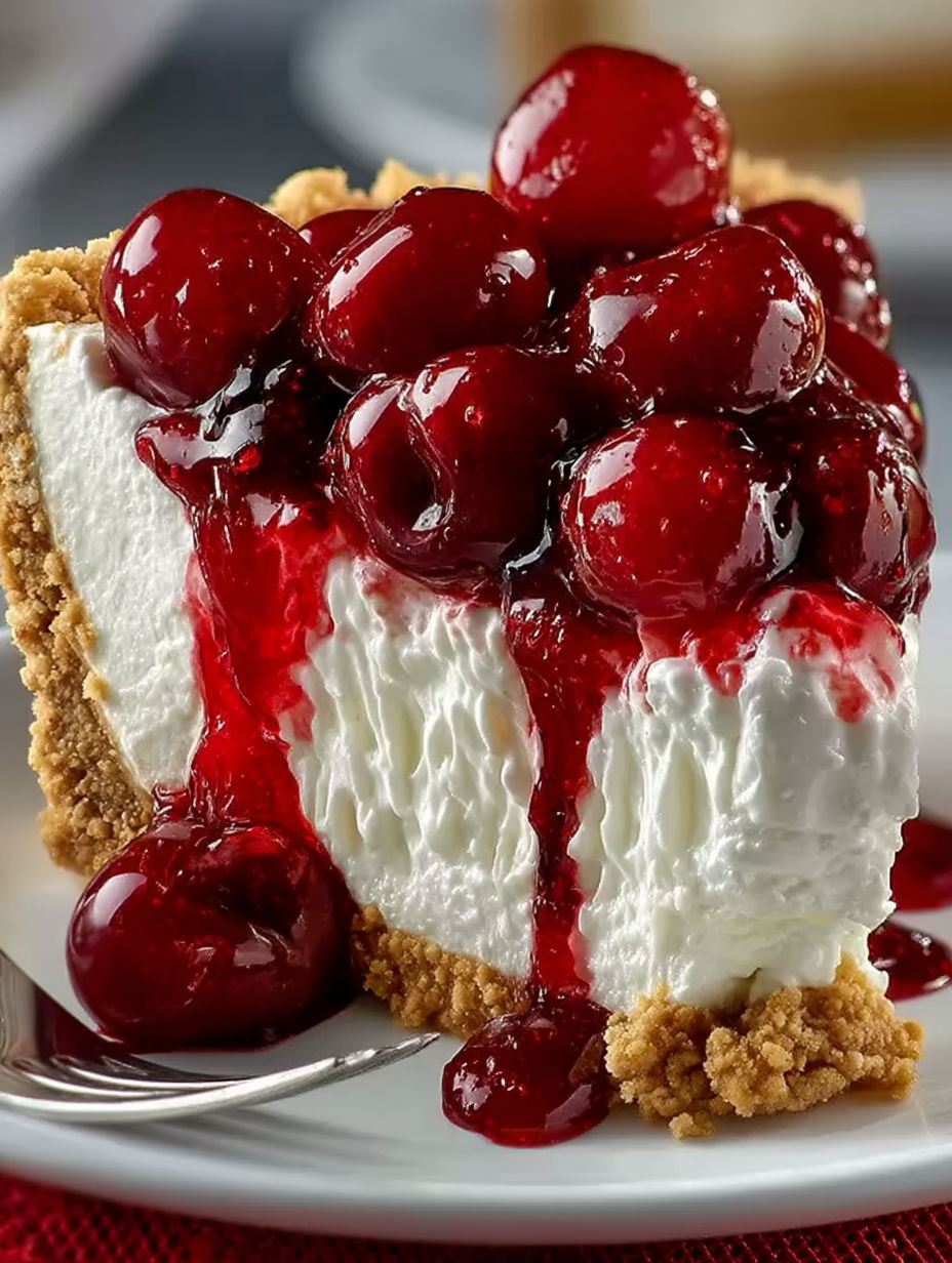 A slice of cherry cheesecake with a fork.