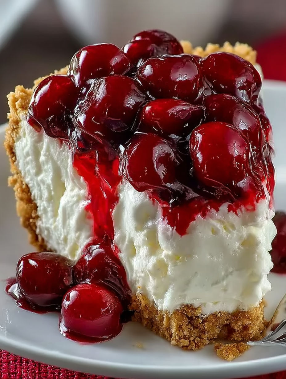 A slice of no-bake cherry cheesecake.