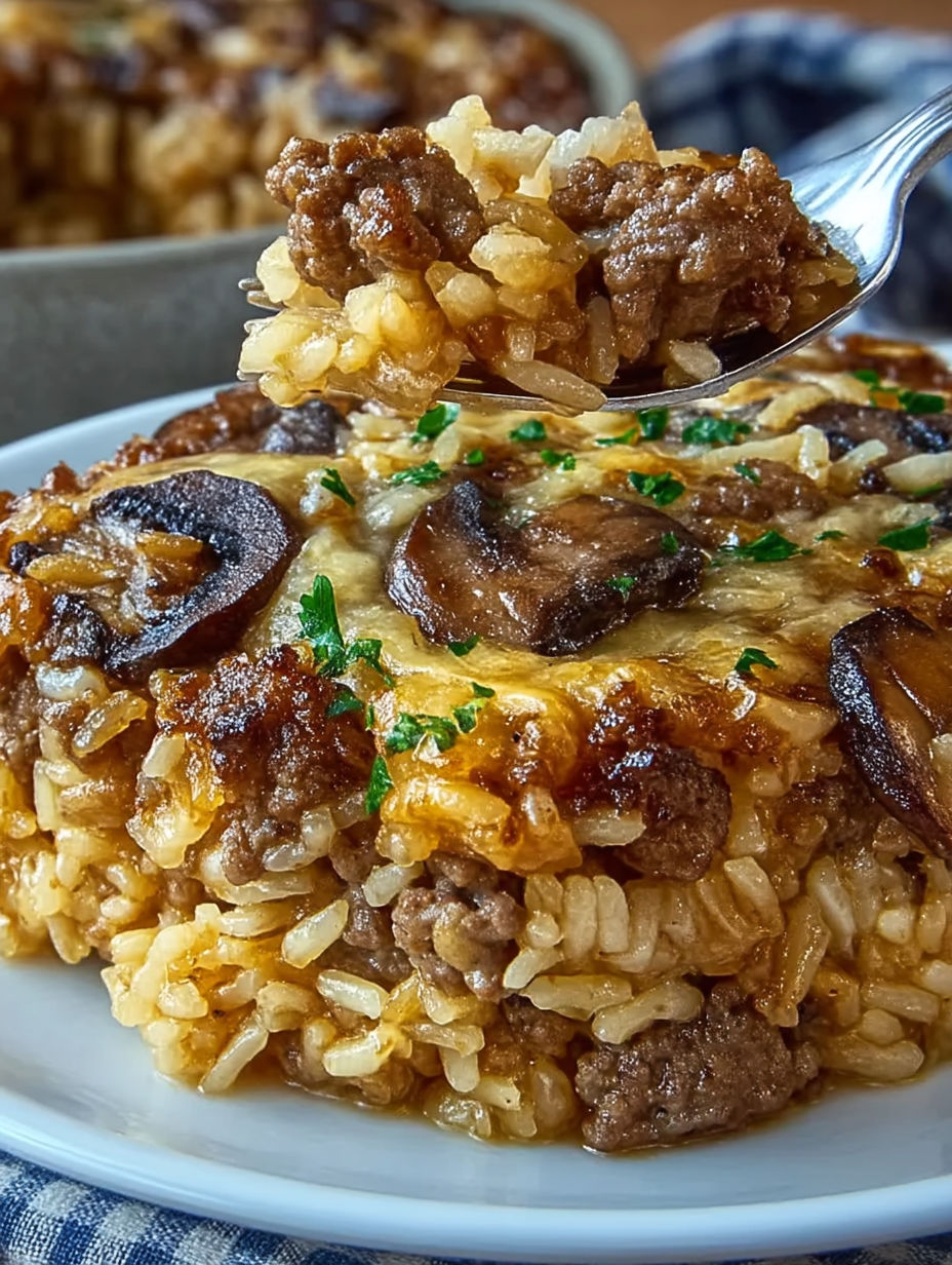A close up of a French Onion Beef and Rice Casserole.