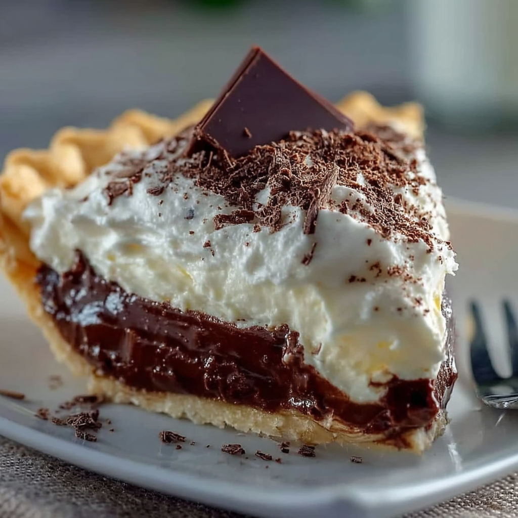 A slice of chocolate pie with white whipped cream.