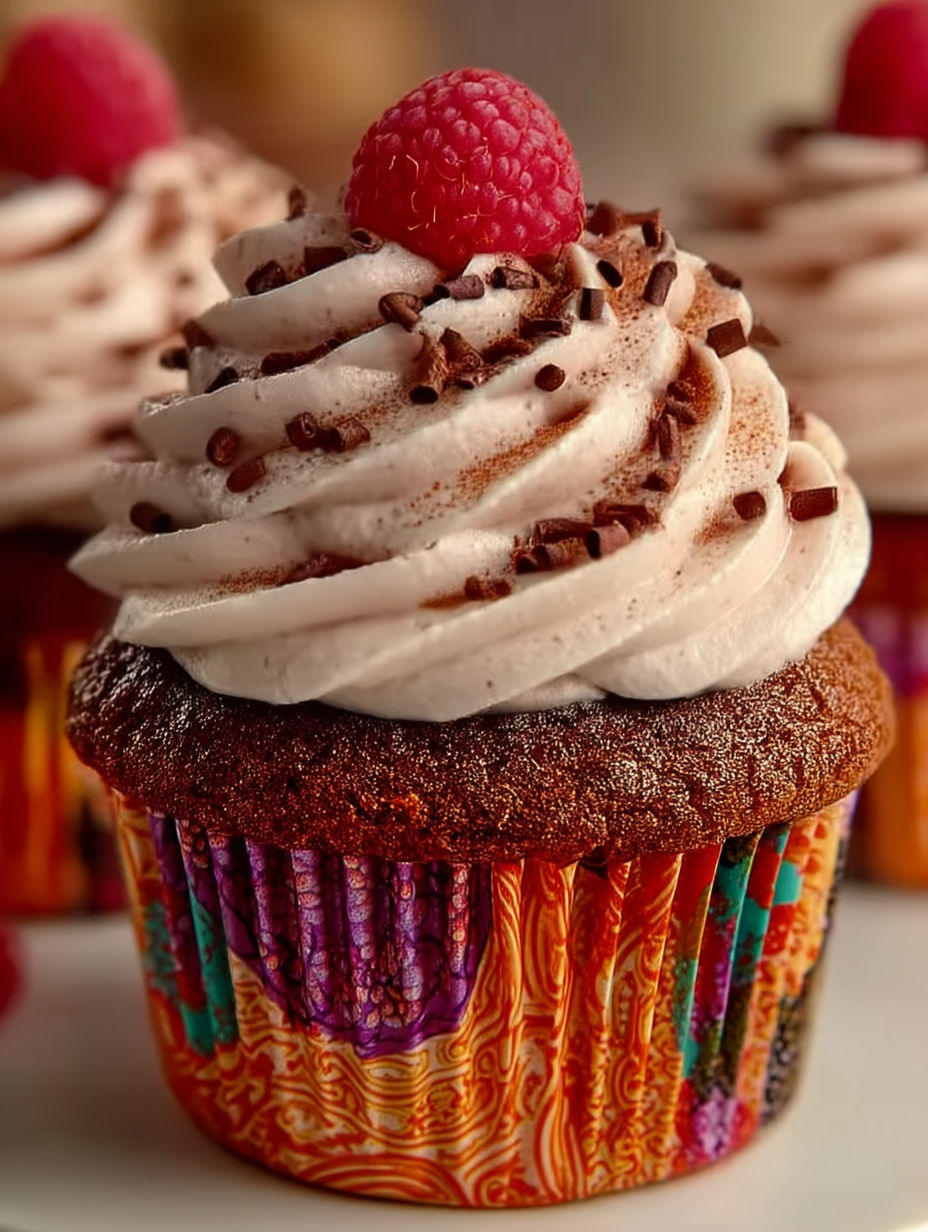 A cupcake with white frosting and a raspberry on top.