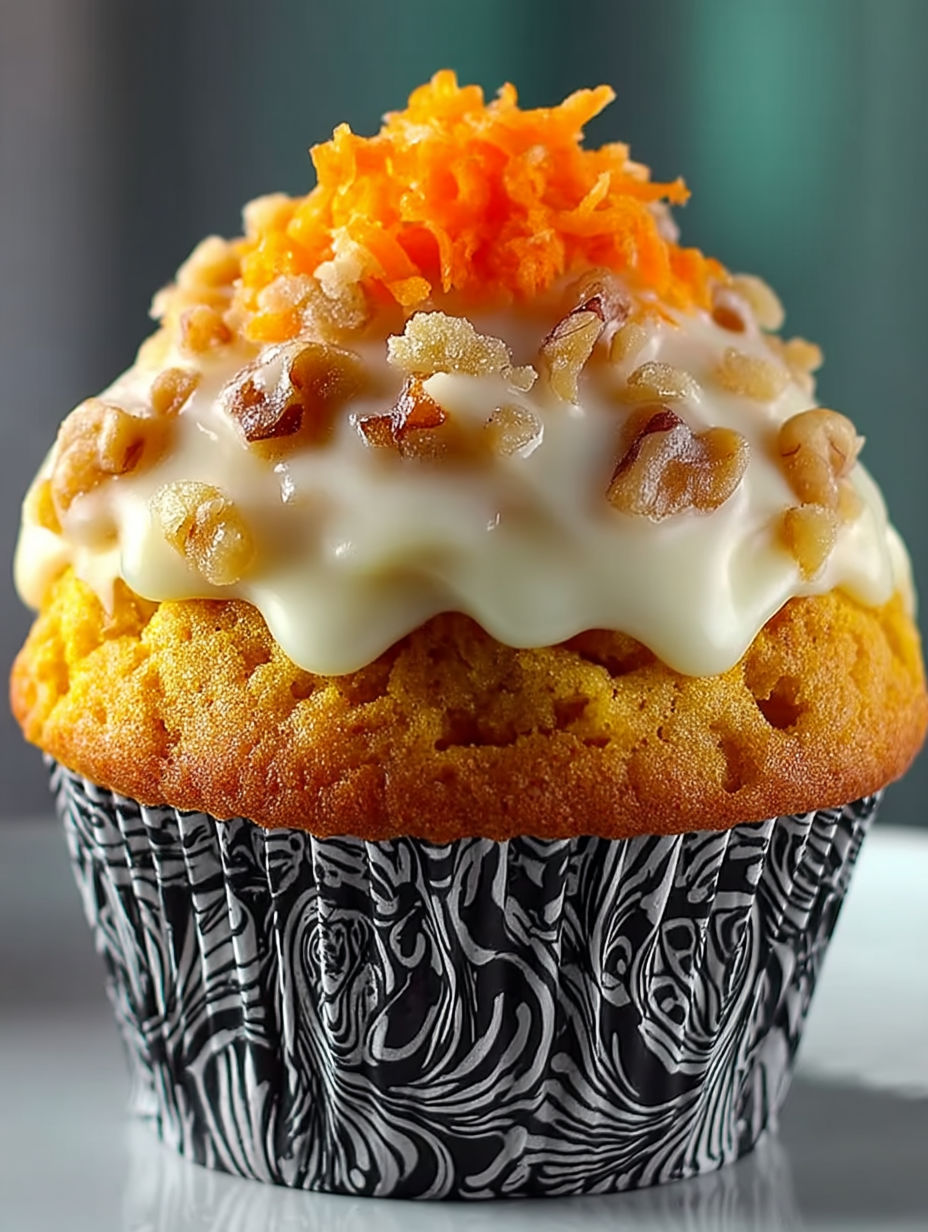 A cupcake with carrot cake topping.
