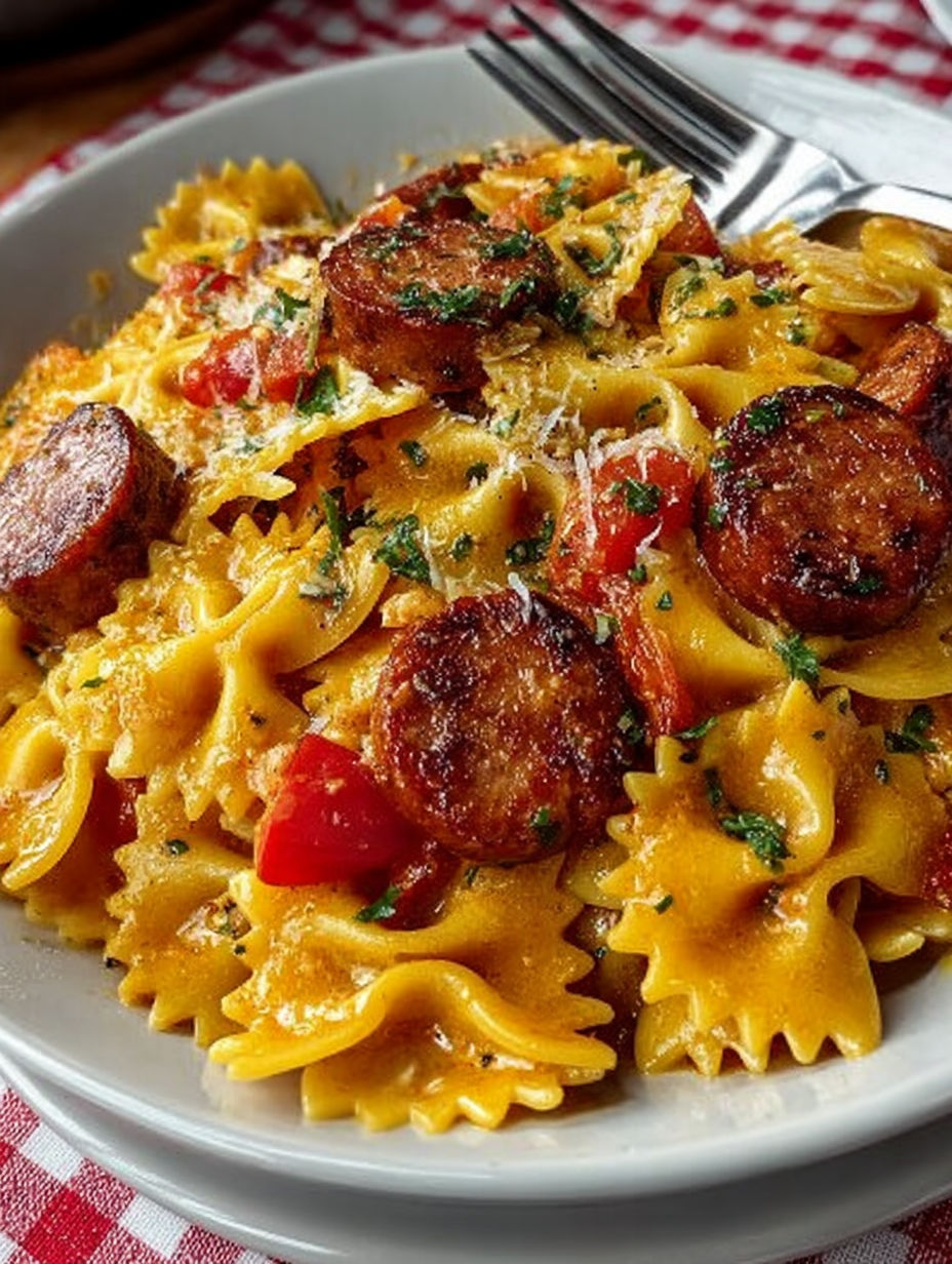 A plate of pasta with sausage and tomatoes.