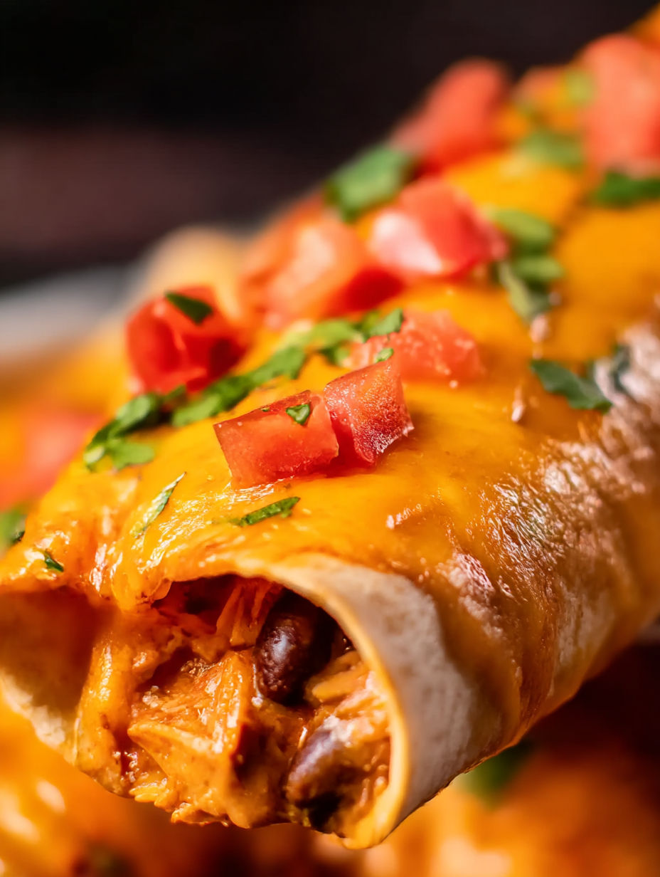 A delicious looking chicken enchilada with tomatoes and green onions.