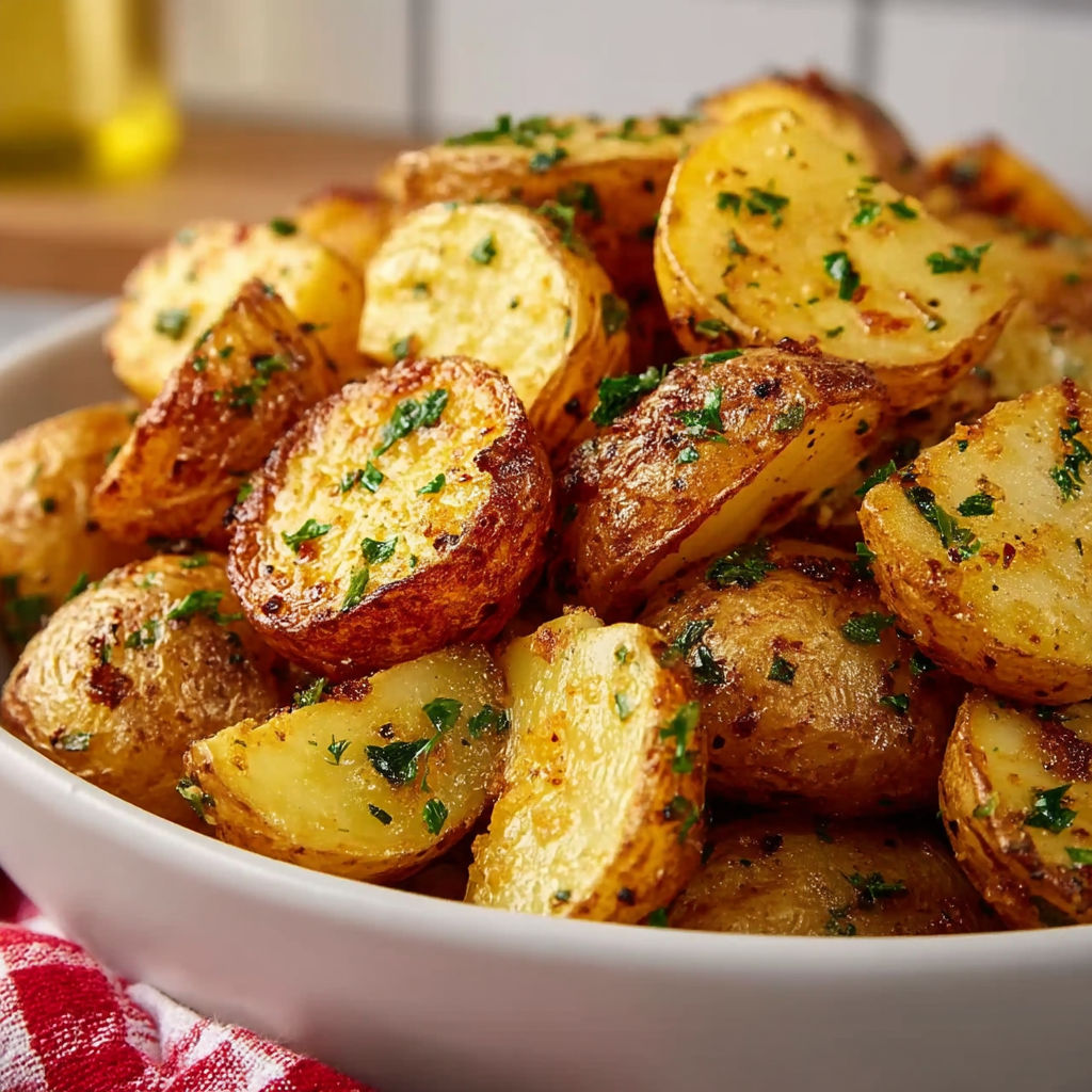A bowl of air fryer lemon herb potatoes.