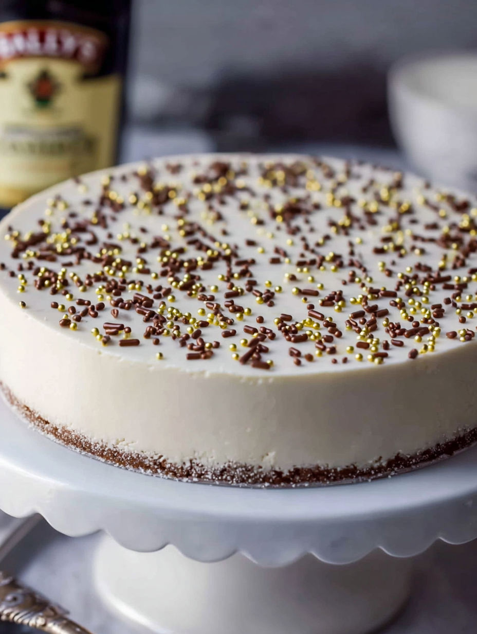 A slice of light Baileys no bake cheesecake.