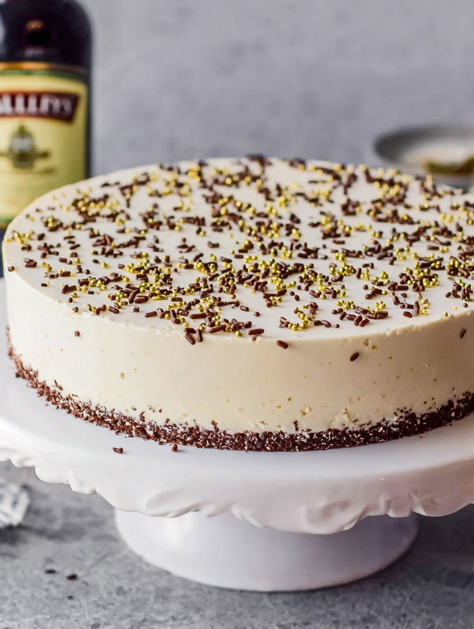 A slice of light Baileys no bake cheesecake.