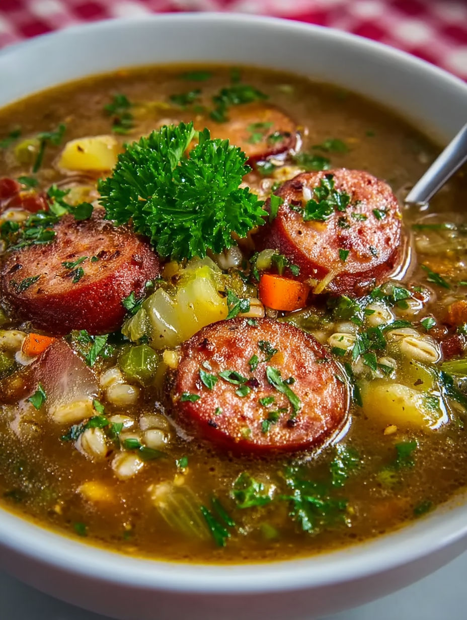 A bowl of soup with sausage and barley.
