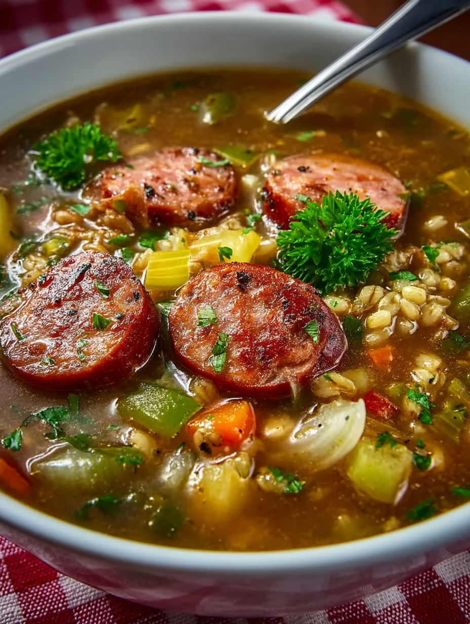 Sausage and barley soup in a bowl.