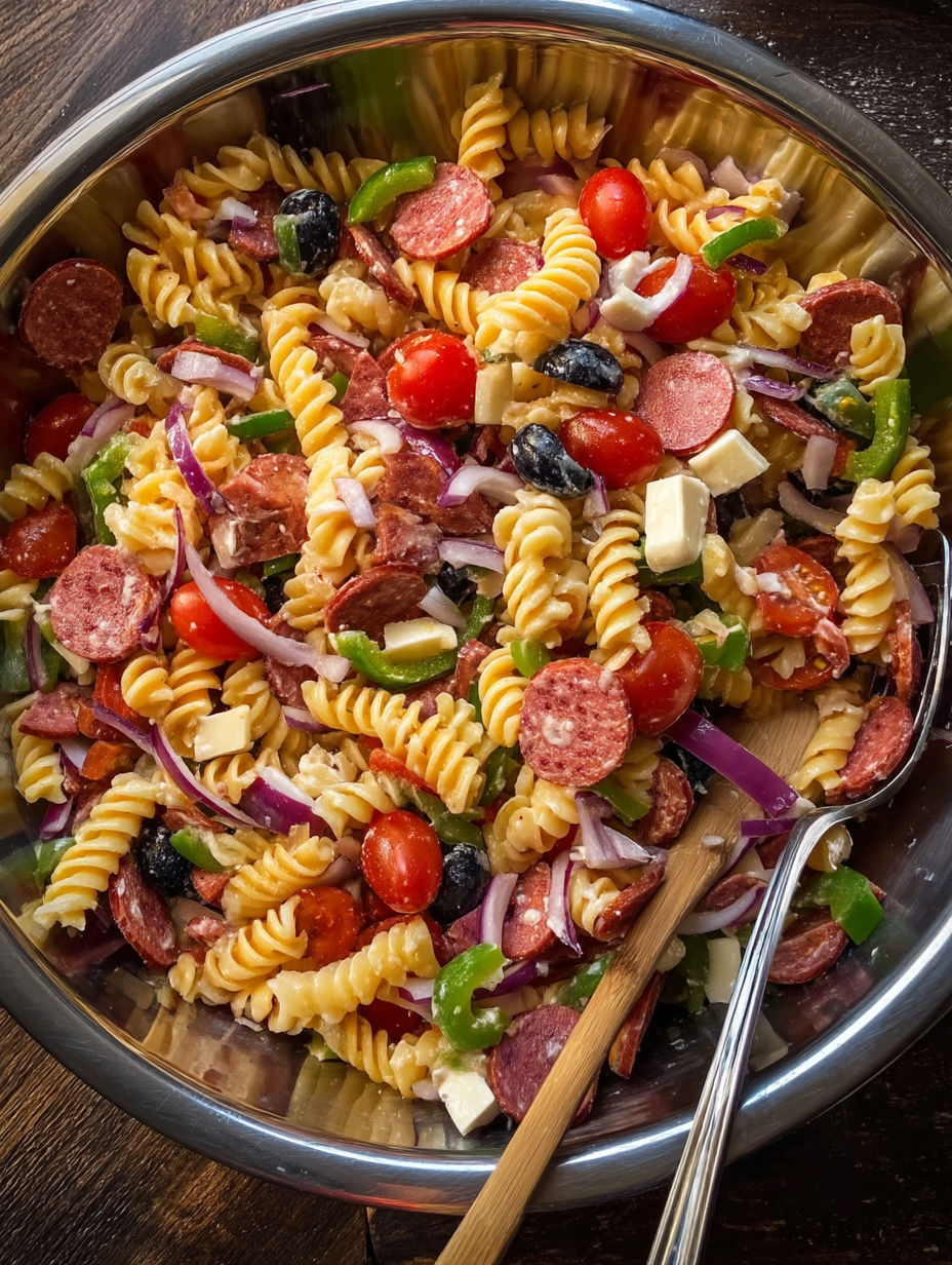 A bowl of Italian pasta salad with tomatoes, sausage, and cheese.