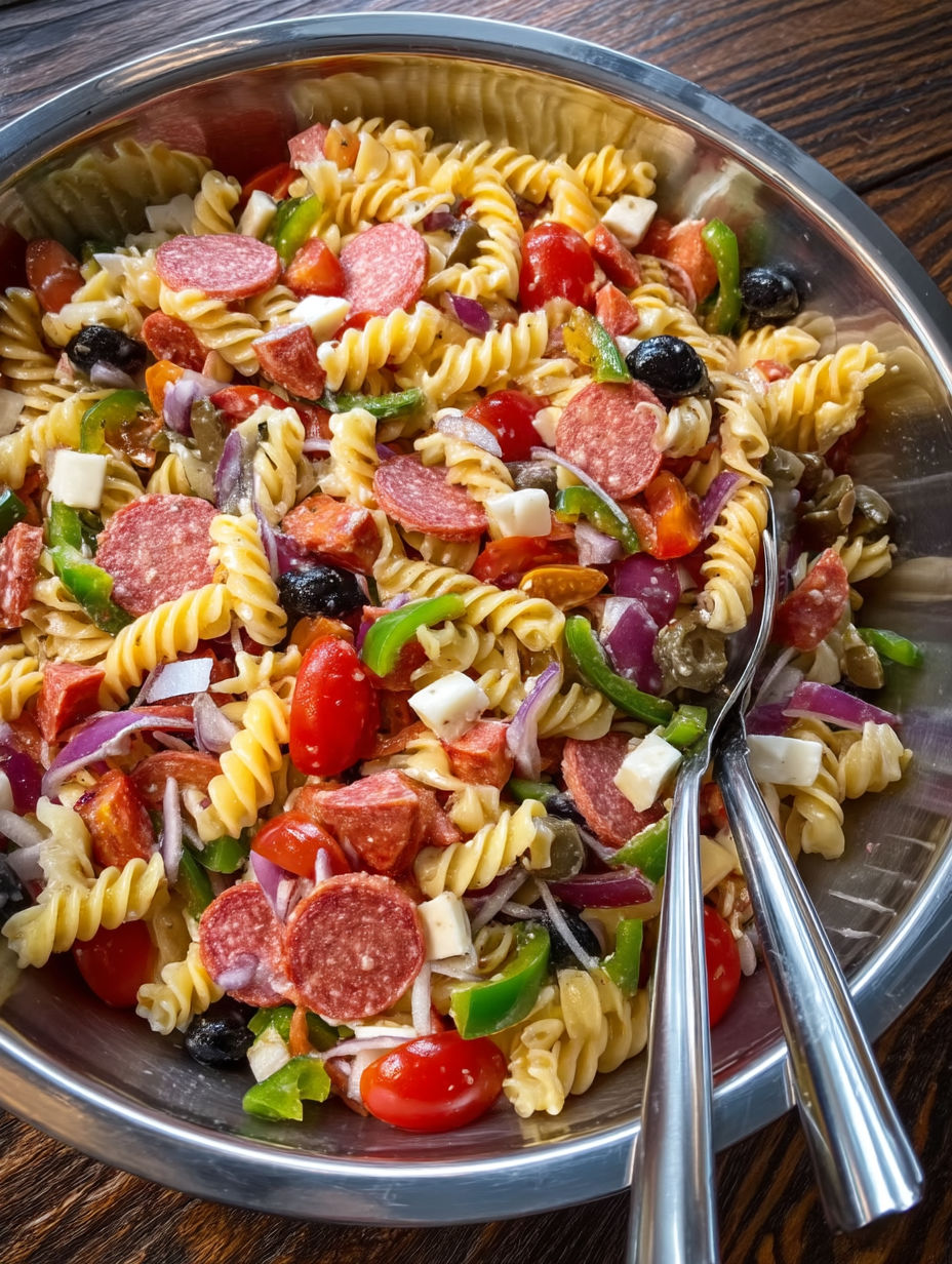 A bowl of Italian pasta salad with tomatoes, peppers, and sausage.