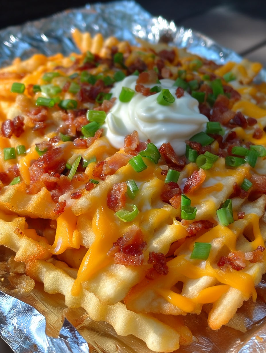 A close up of a bacon and cheese loaded fries.