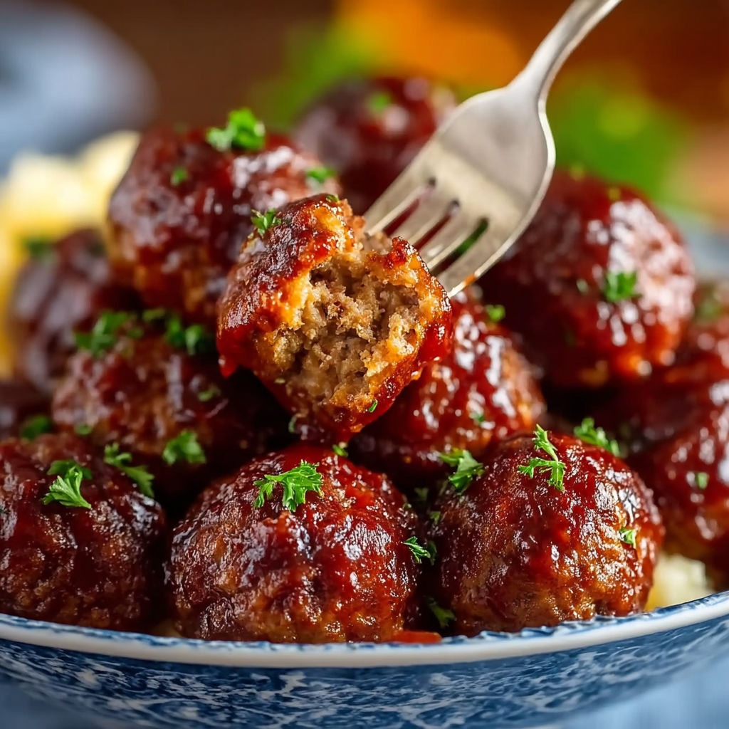 A fork is being used to pick up a meatball from a plate.
