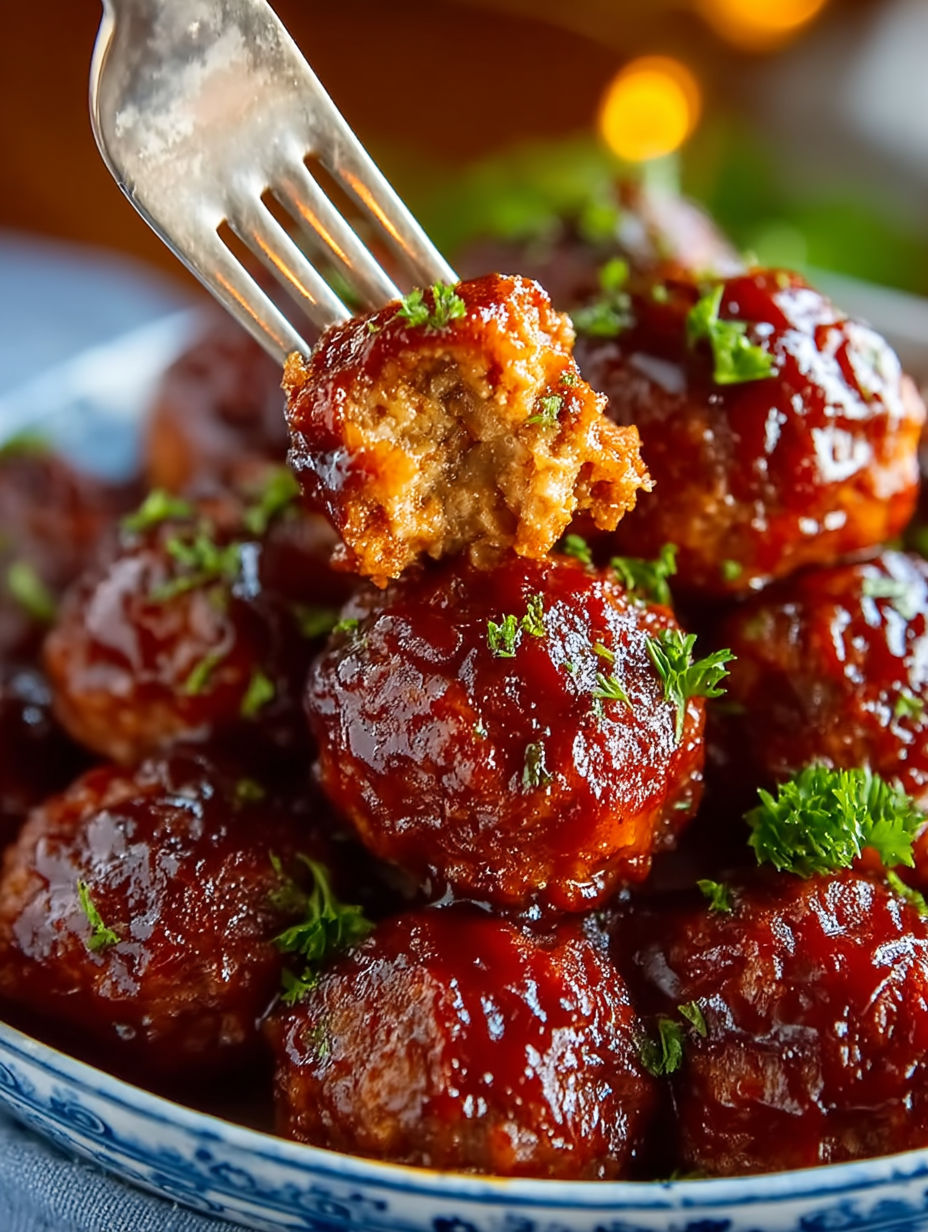 A fork is being used to pick up a piece of meatball.