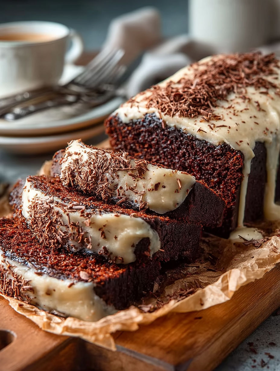 A slice of chocolate stout loaf cake.
