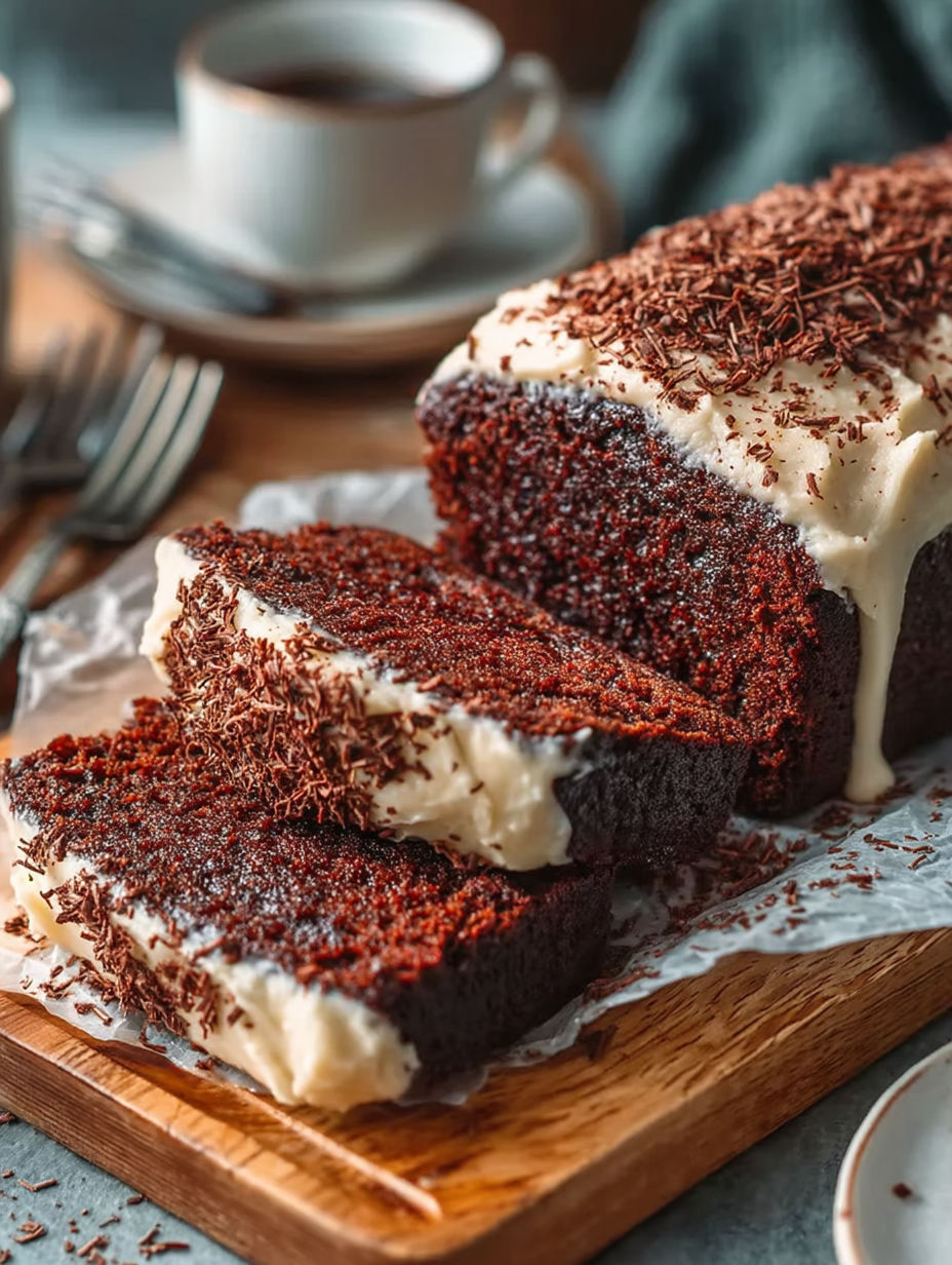 A slice of chocolate stout loaf cake.
