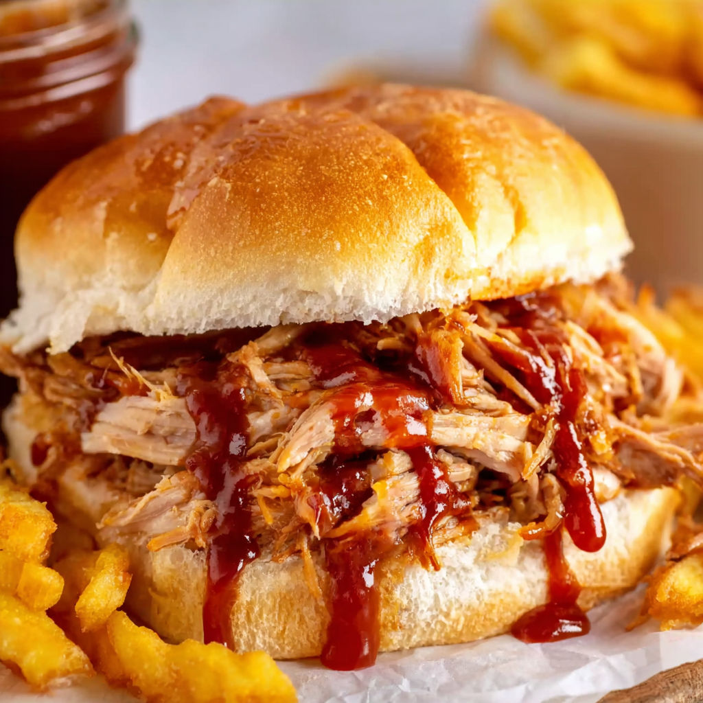 A delicious pulled pork sandwich with barbecue sauce.