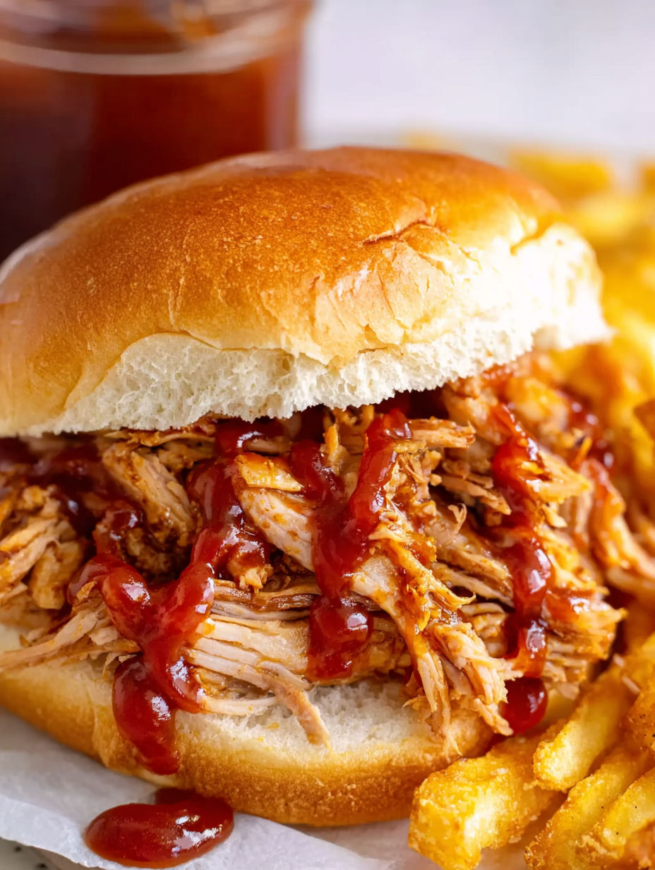 A sandwich with pulled pork and ketchup.