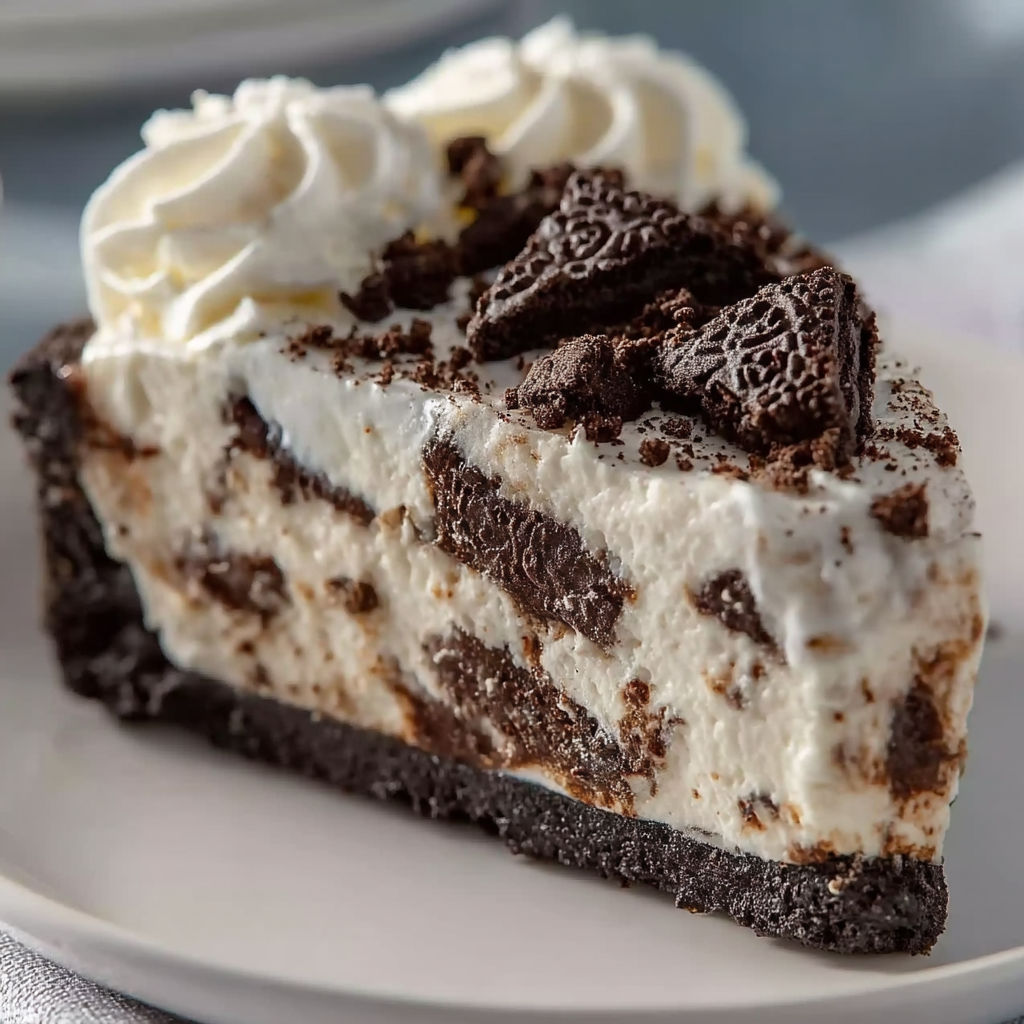 A slice of cheesecake with chocolate and white frosting.